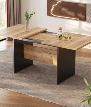 Uitschuifbare Eettafel 140–180 cm – MDF Tafelblad met Houtnerf & Zwarte Zijpanelen, Geschikt voor 4–6 Personen