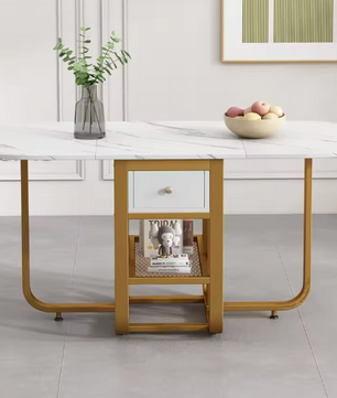 Opvouwbare Uitschuifbare Eettafel – Met Lade & Gouden Poten, Wit