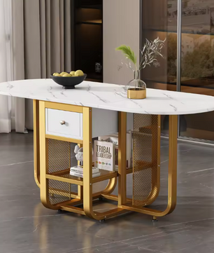 Opvouwbare Uitschuifbare Eettafel – Met Lade & Gouden Poten, Wit