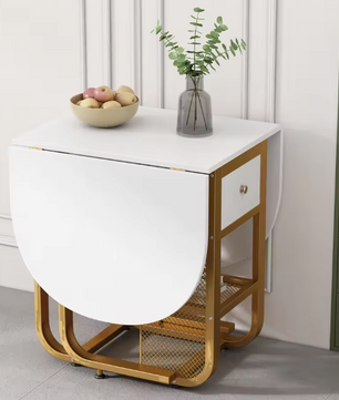 Opvouwbare Uitschuifbare Eettafel – Met Lade & Gouden Poten, Wit
