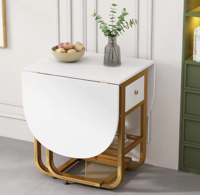Opvouwbare Uitschuifbare Eettafel – Met Lade & Gouden Poten, Wit
