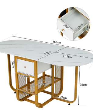 Opvouwbare Uitschuifbare Eettafel – Met Lade & Gouden Poten, Wit