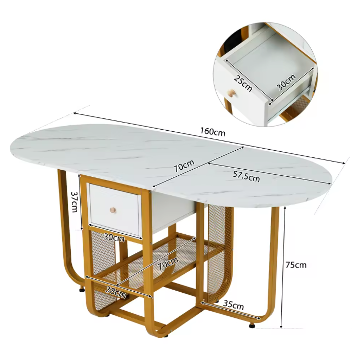 Opvouwbare Uitschuifbare Eettafel – Met Lade & Gouden Poten, Wit