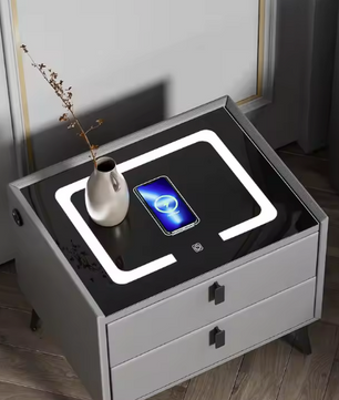 Slim Nachtkastje met Draadloos Opladen – LED-Licht & 2 Lades, Zwartgrijs