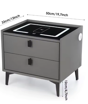 Slim Nachtkastje met Draadloos Opladen – LED-Licht & 2 Lades, Zwartgrijs