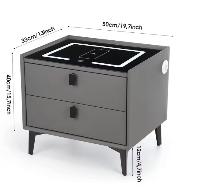 Slim Nachtkastje met Draadloos Opladen – LED-Licht & 2 Lades, Zwartgrijs