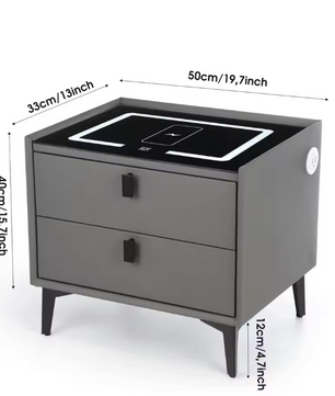 Slim Nachtkastje met Draadloos Opladen – LED-Licht & 2 Lades, Zwartgrijs