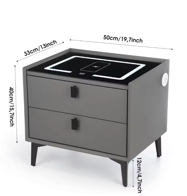 Slim Nachtkastje met Draadloos Opladen – LED-Licht & 2 Lades, Zwartgrijs