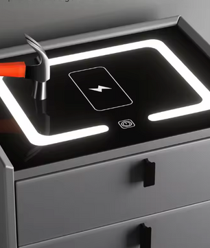 Slim Nachtkastje met Draadloos Opladen – LED-Licht & 2 Lades, Zwartgrijs