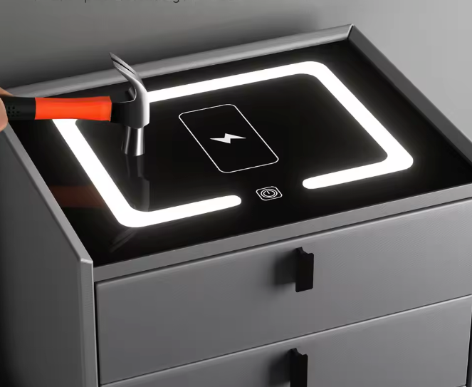 Slim Nachtkastje met Draadloos Opladen – LED-Licht & 2 Lades, Zwartgrijs