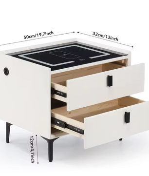 Slim Nachtkastje met Draadloos Opladen – LED & 2 Lades, Wit/Zwart