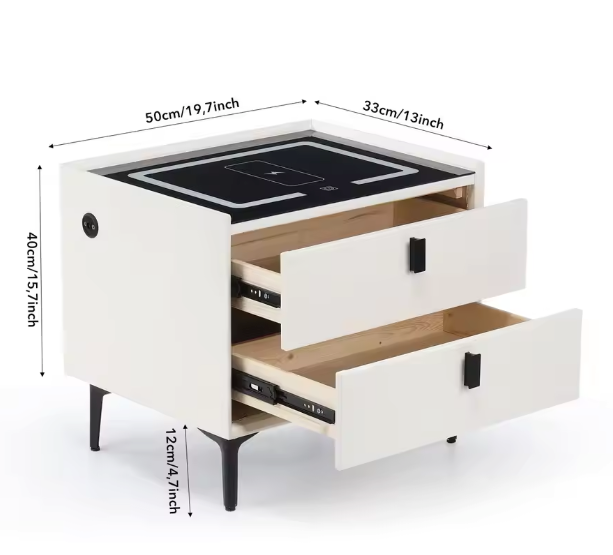 Slim Nachtkastje met Draadloos Opladen – LED & 2 Lades, Wit/Zwart