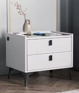 Slim Nachtkastje met Draadloos Opladen – LED & 2 Lades, Wit/Zwart