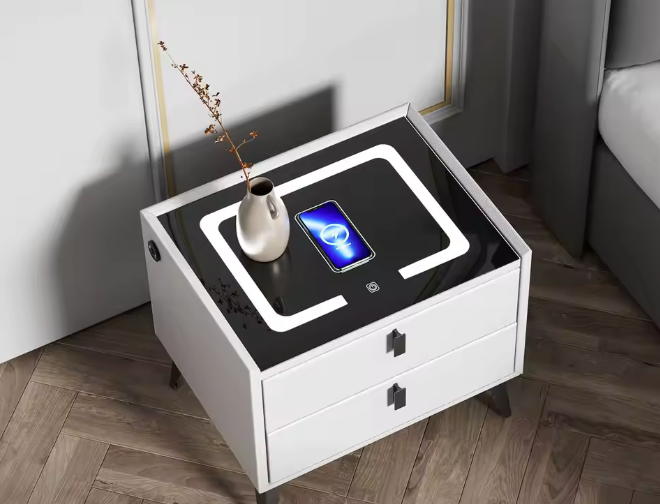 Slim Nachtkastje met Draadloos Opladen – LED & 2 Lades, Wit/Zwart