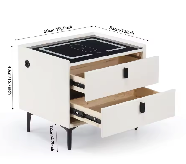 Slim Nachtkastje met Draadloos Opladen – LED & 2 Lades, Wit/Zwart