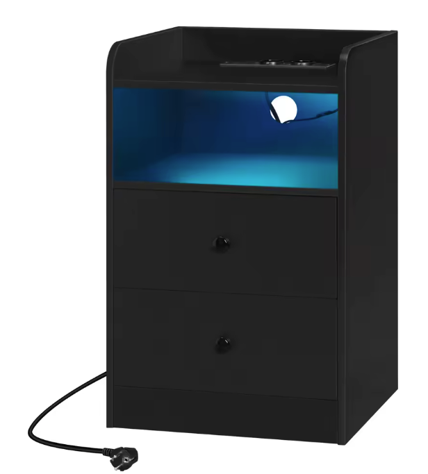 Nachtkastje met LED & USB – 2 Lades en Oplaadstation, Wit/Zwart