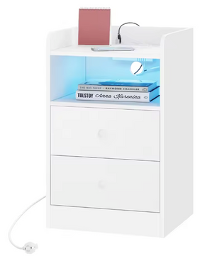 Nachtkastje met LED & USB – 2 Lades en Oplaadstation, Wit/Zwart