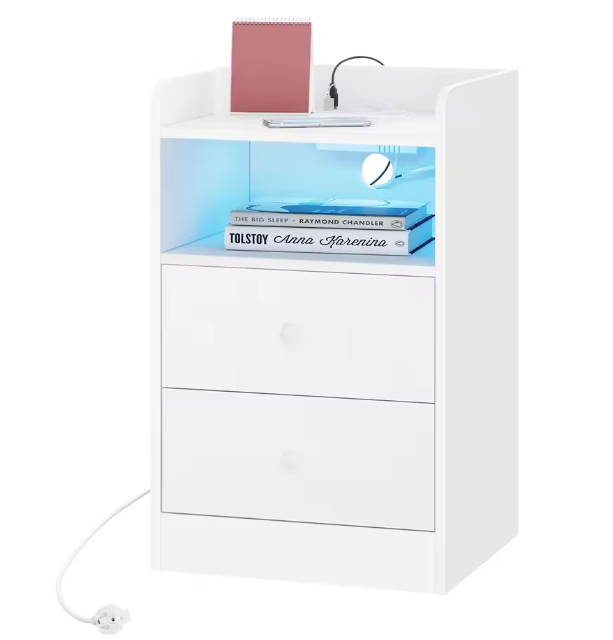 Nachtkastje met LED & USB – 2 Lades en Oplaadstation, Wit/Zwart