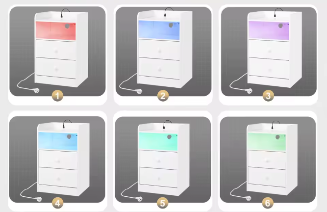 Nachtkastje met LED & USB – 2 Lades en Oplaadstation, Wit/Zwart