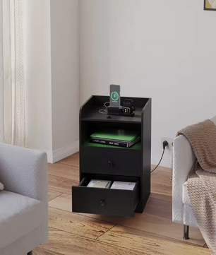 Nachtkastje met LED & USB – 2 Lades en Oplaadstation, Wit/Zwart