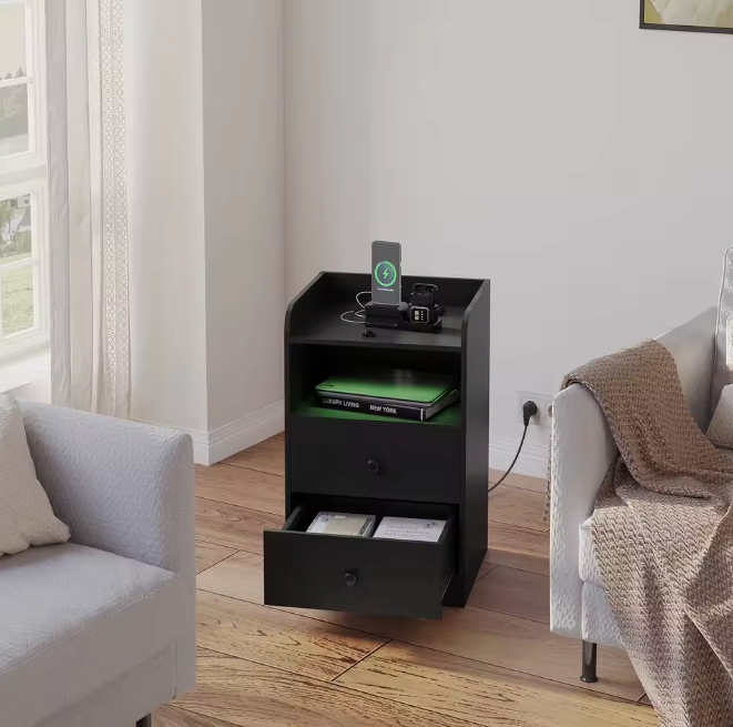 Nachtkastje met LED & USB – 2 Lades en Oplaadstation, Wit/Zwart