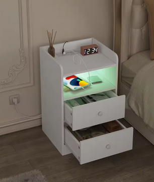 Nachtkastje met LED & USB – 2 Lades en Oplaadstation, Wit/Zwart