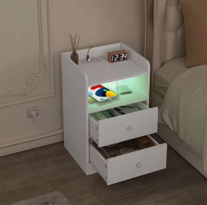 Nachtkastje met LED & USB – 2 Lades en Oplaadstation, Wit/Zwart