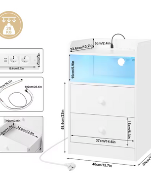Nachtkastje met LED & USB – 2 Lades en Oplaadstation, Wit/Zwart