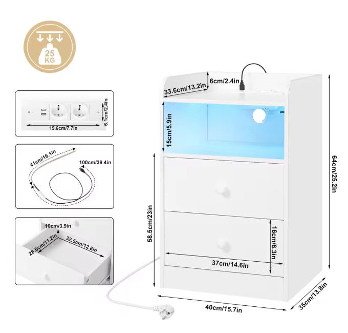 Nachtkastje met LED & USB – 2 Lades en Oplaadstation, Wit/Zwart