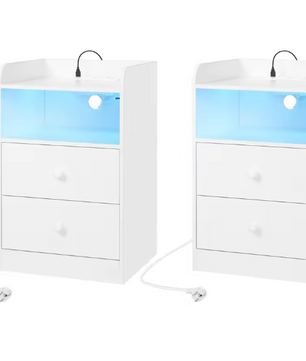 Nachtkastje met LED & USB – 2 Lades en Oplaadstation, Wit/Zwart