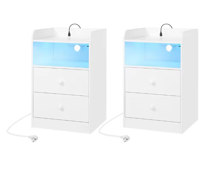 Nachtkastje met LED & USB – 2 Lades en Oplaadstation, Wit/Zwart