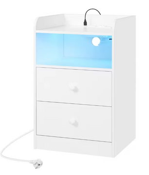 Nachtkastje met LED & USB – 2 Lades en Oplaadstation, Wit/Zwart