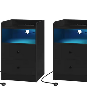 Nachtkastje met LED & USB – 2 Lades en Oplaadstation, Wit/Zwart