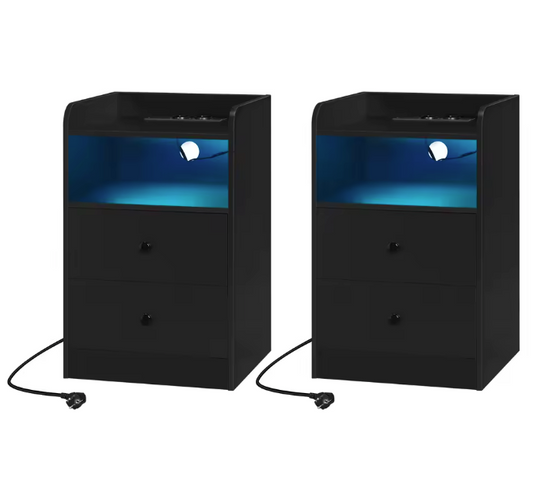 Nachtkastje met LED & USB – 2 Lades en Oplaadstation, Wit/Zwart