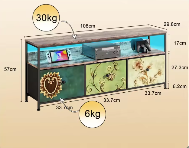 TV-Kast met LED-Verlichting – 3 Stoffen Lades & Open Planken