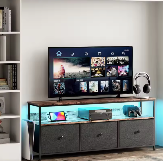 TV-Meubel met Stoffen Lades – LED-Verlichting & Verstelbare Poten, 108 cm