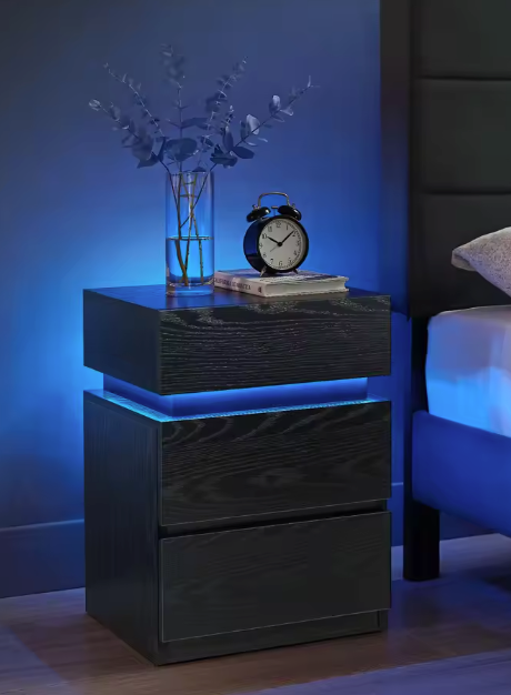 Nachtkastje met LED-verlichting – 3 Lades & Houtnerf Afwerking, Zwart