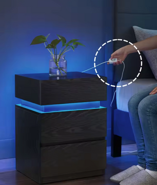 Nachtkastje met LED-verlichting – 3 Lades & Houtnerf Afwerking, Zwart