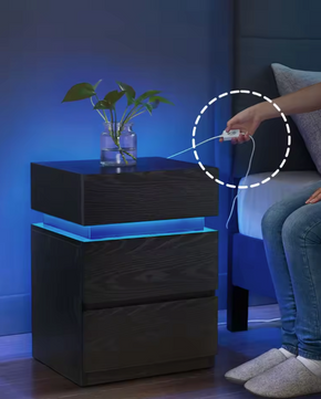Nachtkastje met LED-verlichting – 3 Lades & Houtnerf Afwerking, Zwart
