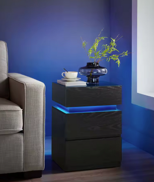 Nachtkastje met LED-verlichting – 3 Lades & Houtnerf Afwerking, Zwart