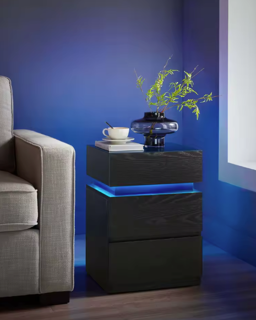 Nachtkastje met LED-verlichting – 3 Lades & Houtnerf Afwerking, Zwart