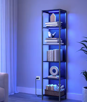 Boekenkast met LED-Verlichting – 6 Niveaus & Stalen Frame, Zwart