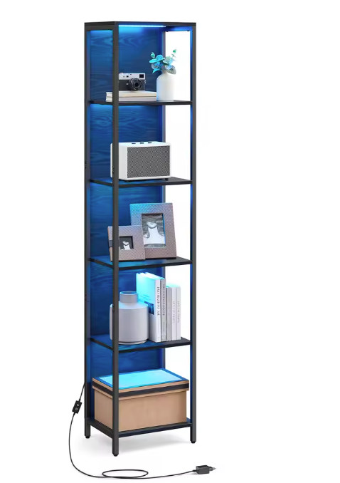 Boekenkast met LED-Verlichting – 6 Niveaus & Stalen Frame, Zwart