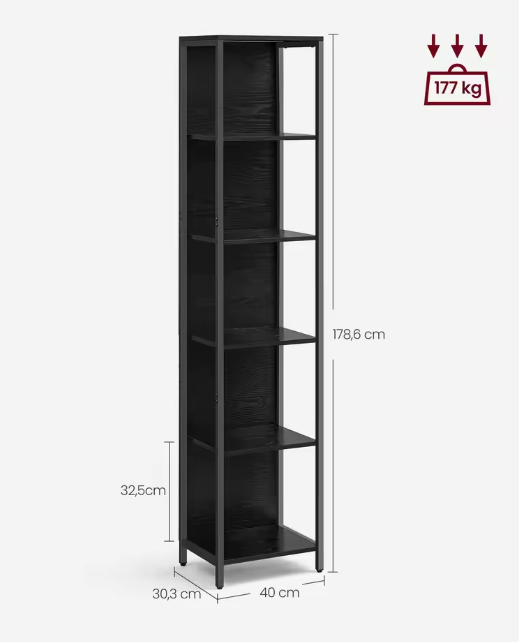 Boekenkast met LED-Verlichting – 6 Niveaus & Stalen Frame, Zwart