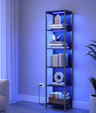 Boekenkast met LED-Verlichting – 6 Niveaus & Stalen Frame, Zwart
