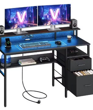 Bureau met LED, Lades & Monitorstandaard – 135 cm, Incl. Stopcontacten