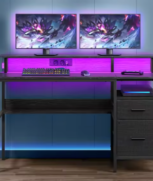 Bureau met LED, Lades & Monitorstandaard – 135 cm, Incl. Stopcontacten