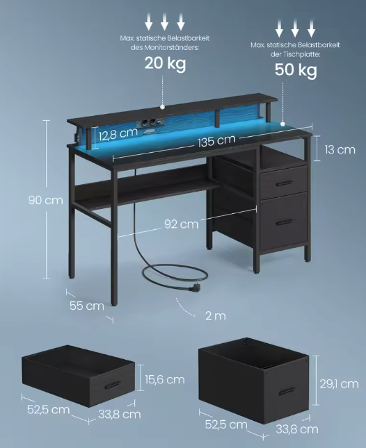 Bureau met LED, Lades & Monitorstandaard – 135 cm, Incl. Stopcontacten