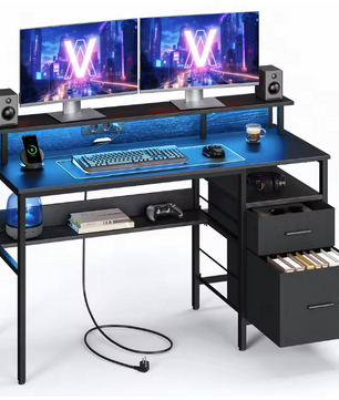 Bureau met LED, Lades & Monitorstandaard – 135 cm, Incl. Stopcontacten