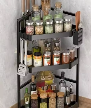 Keukenrek met metalen frame, 3 niveaus, met zijhaken en praktisch opbergrek, 100 cm hoogte Keukenrek met metalen frame, 3 niveaus, met zijhaken en praktisch opbergrek, 100 cm hoogte